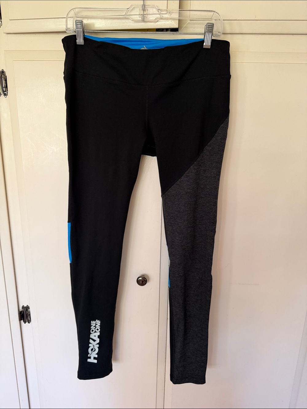 Hoka One One/Rabbit Black Leggings with Heather Gray Panel and Blue Accents